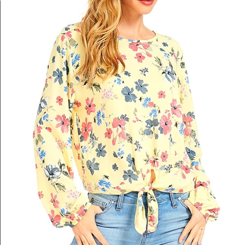 Yellow Floral Tie Front Blouse